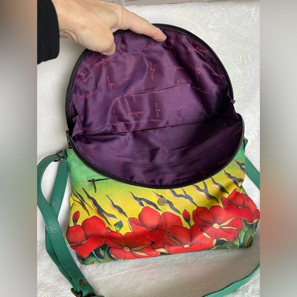 Anuschka hand-painted leather flap-over crossbody purse floral animal print - Picture 8 of 15